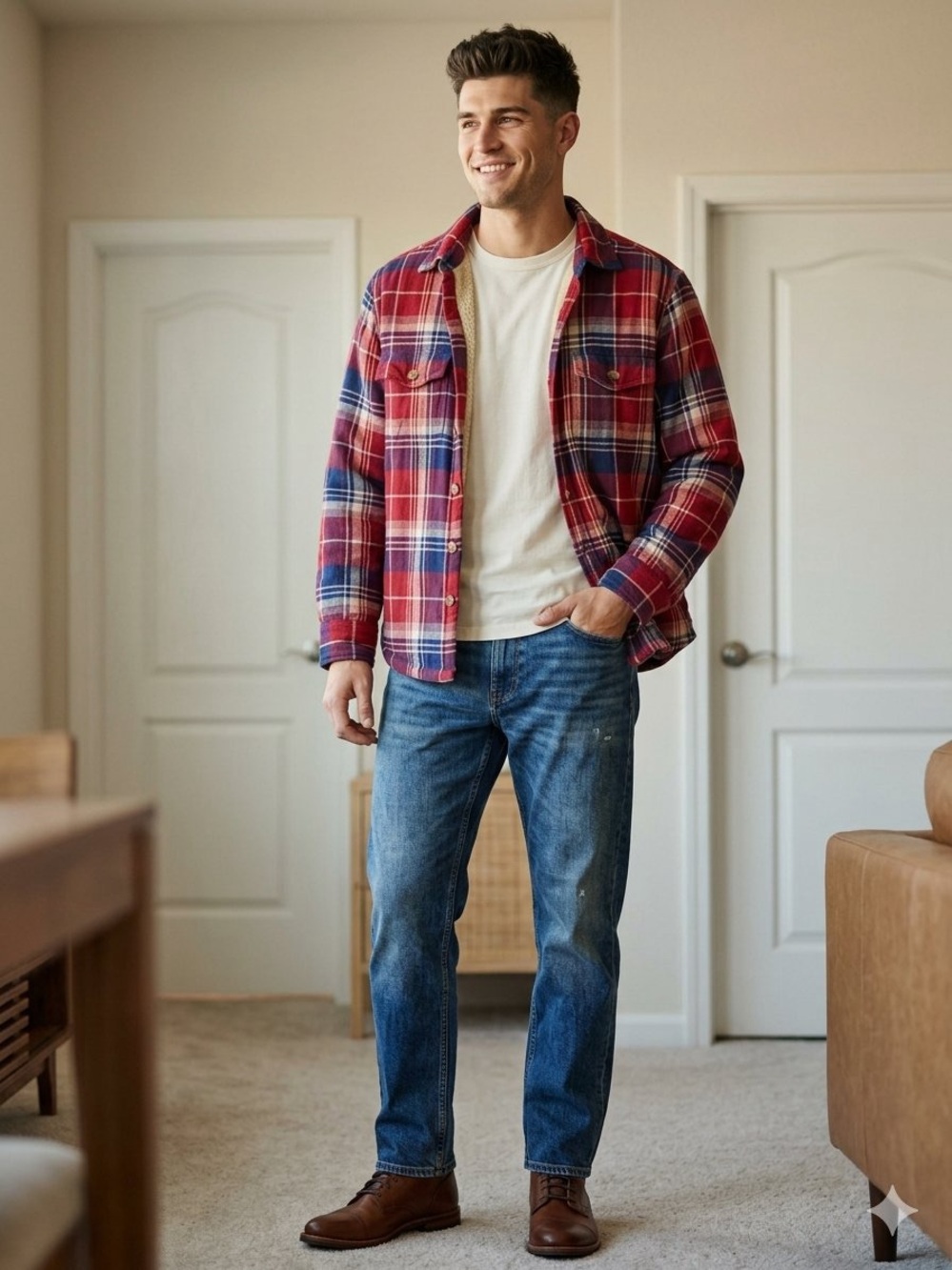 Bonobos The Sherpa Shacket Red Rhubarb Plaid Fleece Lined Flannel Shirt Jacket M